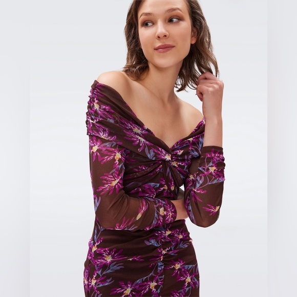 DIANE VON FURSTENBERG / clementine ruched mesh floral midi dress Bodycon XXS - Picture 6 of 13